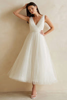 Load image into Gallery viewer, White A Line Tulle V-Neck Long Rehearsal Dinner Dress