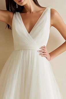 White A Line Tulle V-Neck Long Rehearsal Dinner Dress