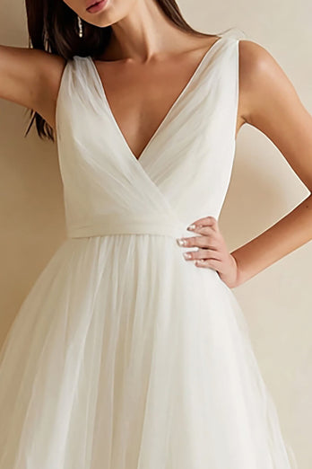 White A Line Tulle V-Neck Long Rehearsal Dinner Dress