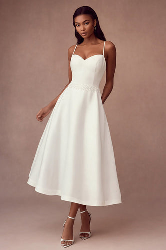 White Satin Spaghetti Straps A Line Long Wedding Reception Dress
