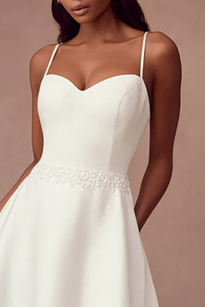White Satin Spaghetti Straps A Line Long Wedding Reception Dress