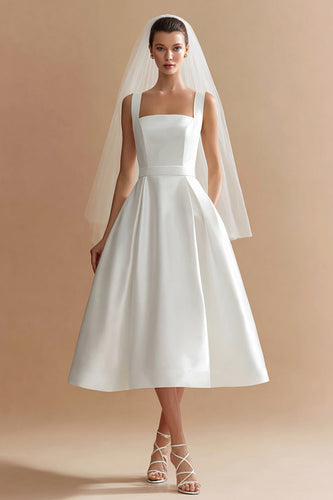 White Satin A Line Thick Straps Midi Wedding Reception Dress