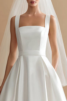 White Satin A Line Thick Straps Midi Wedding Reception Dress