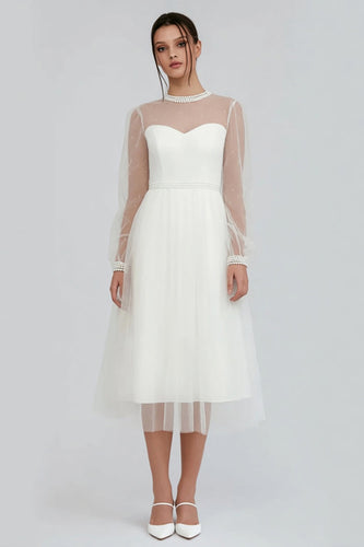 Sparkly White A Line Tulle Midi Engagement Dress with Beading