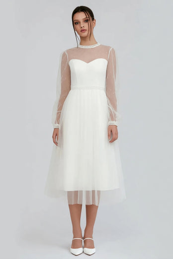 Sparkly White A Line Tulle Midi Engagement Dress with Beading