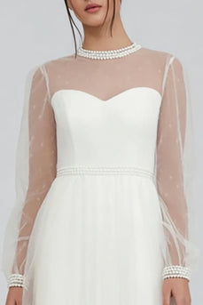Sparkly White A Line Tulle Midi Engagement Dress with Beading