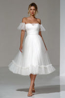Load image into Gallery viewer, White Tulle A Line Off the Shoulder Midi Engagement Dress