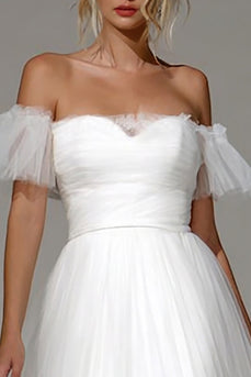 White Tulle A Line Off the Shoulder Midi Engagement Dress