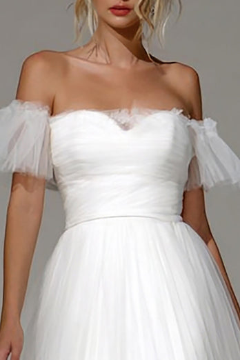 White Tulle A Line Off the Shoulder Midi Engagement Dress