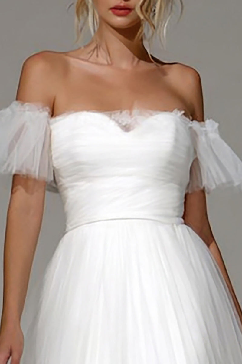 Load image into Gallery viewer, White Tulle A Line Off the Shoulder Midi Engagement Dress