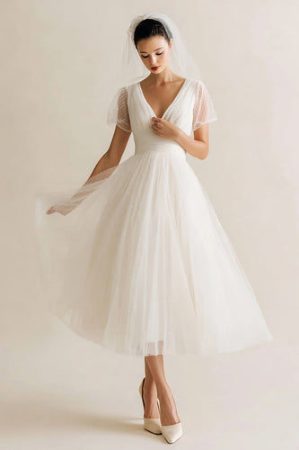 White A Line Tulle V-Neck Dots Midi Wedding Reception Dress