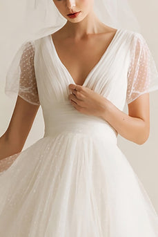 White A Line Tulle V-Neck Dots Midi Wedding Reception Dress