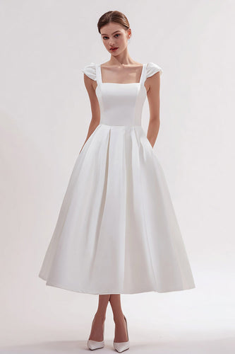 White Satin A Line Square Neck Long Wedding Reception Dress