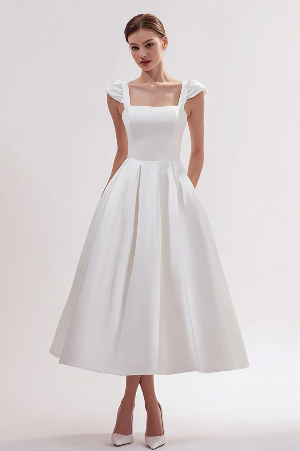 White Satin A Line Square Neck Long Wedding Reception Dress