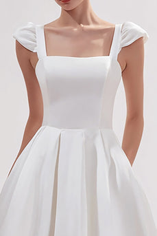 White Satin A Line Square Neck Long Wedding Reception Dress