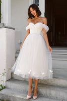 Load image into Gallery viewer, White A Line Tulle Off the Shoulder Midi Engagement Dress with Bows