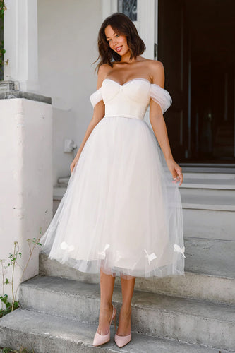 White A Line Tulle Off the Shoulder Midi Engagement Dress with Bows