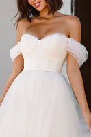 Load image into Gallery viewer, White A Line Tulle Off the Shoulder Midi Engagement Dress with Bows