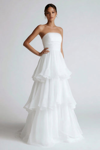 White Chiffon Tiered A Line Floor Length Wedding Reception Dress with Ruffles