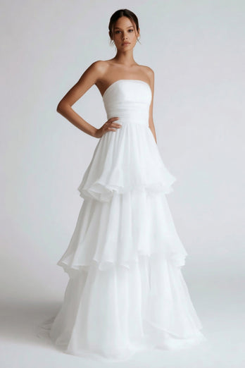 White Chiffon Tiered A Line Floor Length Wedding Reception Dress with Ruffles