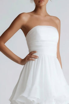 White Chiffon Tiered A Line Floor Length Wedding Reception Dress with Ruffles