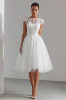 Load image into Gallery viewer, White A Line Tulle Bateau Neck Midi Engagement Dress with Lace
