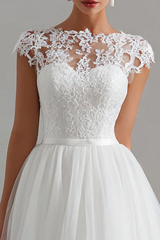 White A Line Tulle Bateau Neck Midi Engagement Dress with Lace
