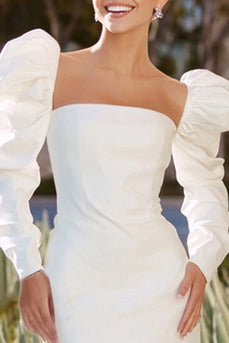 White Satin Bodycon Square Neck Short Bachelorette Dress with Sleeves