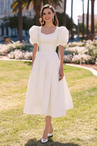 Simple White Satin A Line Puff Sleeves Midi Engagement Dress