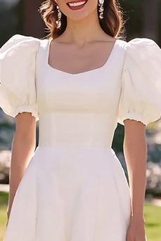 Simple White Satin A Line Puff Sleeves Midi Engagement Dress