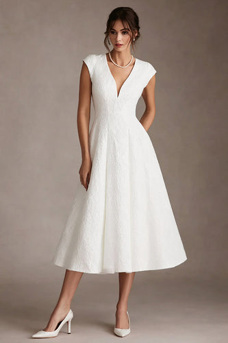 Simple White A Line V-Neck Midi Wedding Reception Dress