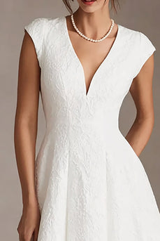 Simple White A Line V-Neck Midi Wedding Reception Dress