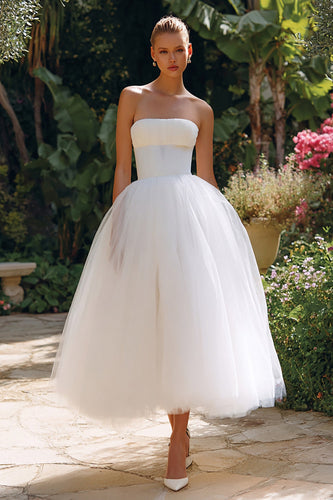 Simple White Strapless A Line Tulle Long Engagement Dress