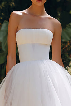 Simple White Strapless A Line Tulle Long Engagement Dress
