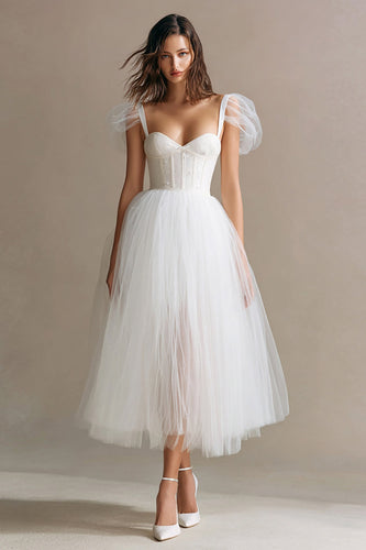 Simple White A Line Tulle Long Corset Engagement Dress with Sleeves