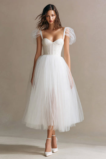Simple White A Line Tulle Long Corset Engagement Dress with Sleeves