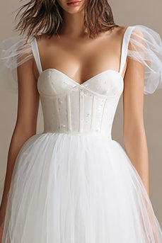 Simple White A Line Tulle Long Corset Engagement Dress with Sleeves