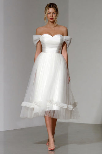 Simple White Tulle A Line Off the Shoulder Midi Engagement Dress