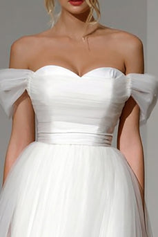 Simple White Tulle A Line Off the Shoulder Midi Engagement Dress