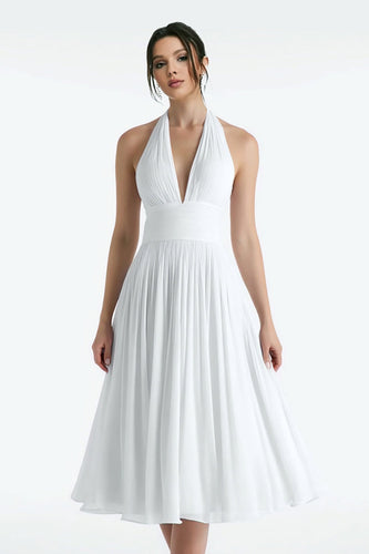 White Chiffon Halter A Line Midi Wedding Reception Dress