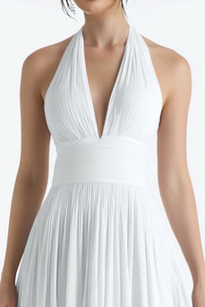 White Chiffon Halter A Line Midi Wedding Reception Dress