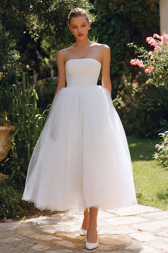 White Strapless A Line Tulle Long Engagement Dress