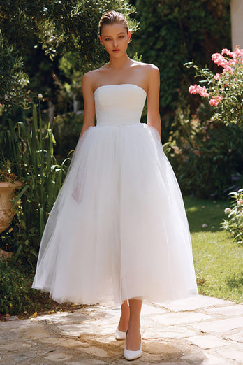 White Strapless A Line Tulle Long Engagement Dress