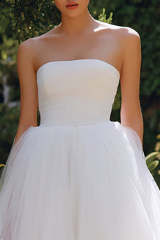White Strapless A Line Tulle Long Engagement Dress