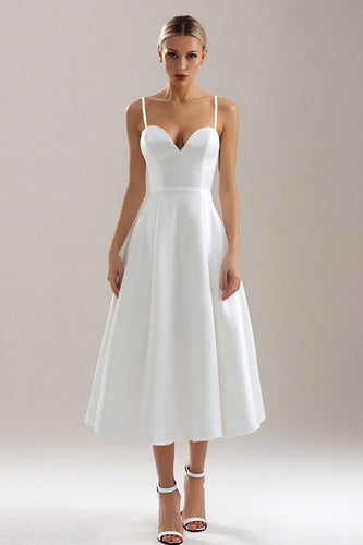 White Satin Spaghetti Straps Midi Wedding Reception Dress