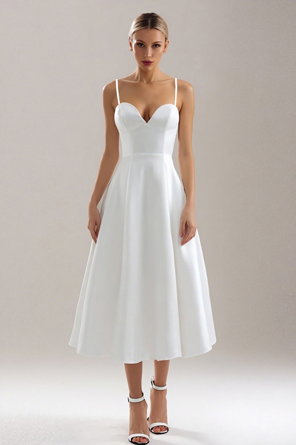 White Satin Spaghetti Straps Midi Wedding Reception Dress
