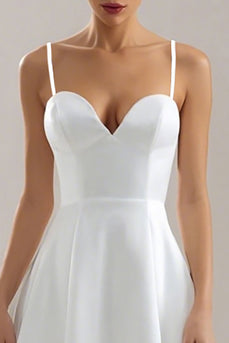 White Satin Spaghetti Straps Midi Wedding Reception Dress