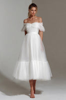 Load image into Gallery viewer, White Tulle A Line Off the Shoulder Midi Engagement Dress with Ruffles