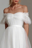 Load image into Gallery viewer, White Tulle A Line Off the Shoulder Midi Engagement Dress with Ruffles