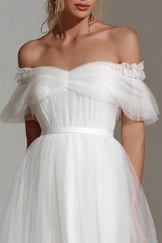 White Tulle A Line Off the Shoulder Midi Engagement Dress with Ruffles